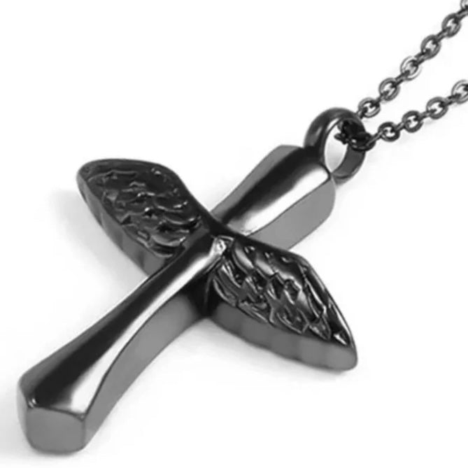 Metal Funeral Ashes Cremation Black Angel Wings Cross Urn Pendant Necklace