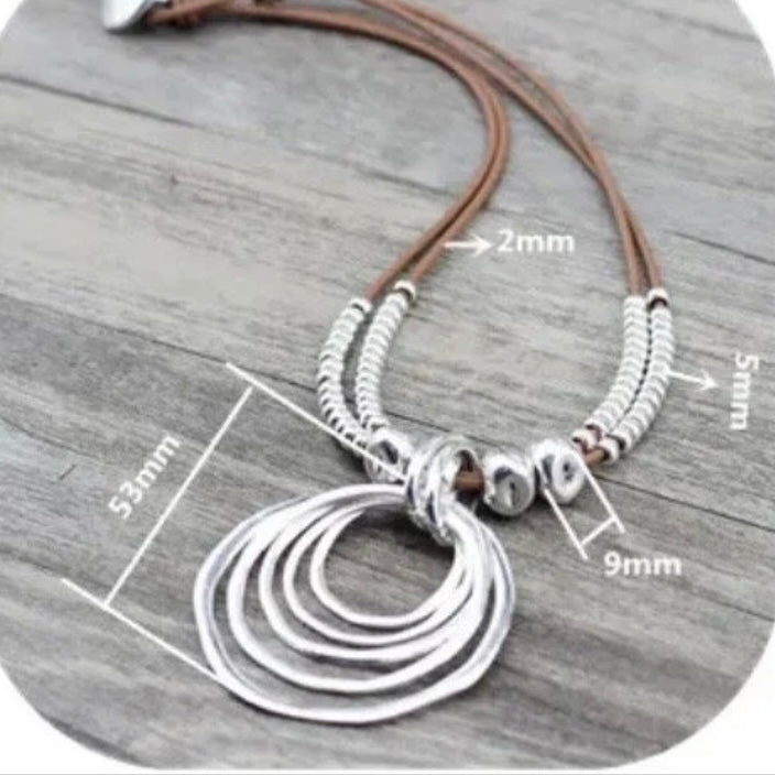 Silver Colour Multi Circular Pendant Leather Rope Necklace Choker