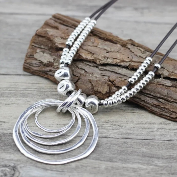 Silver Colour Multi Circular Pendant Leather Rope Necklace Choker