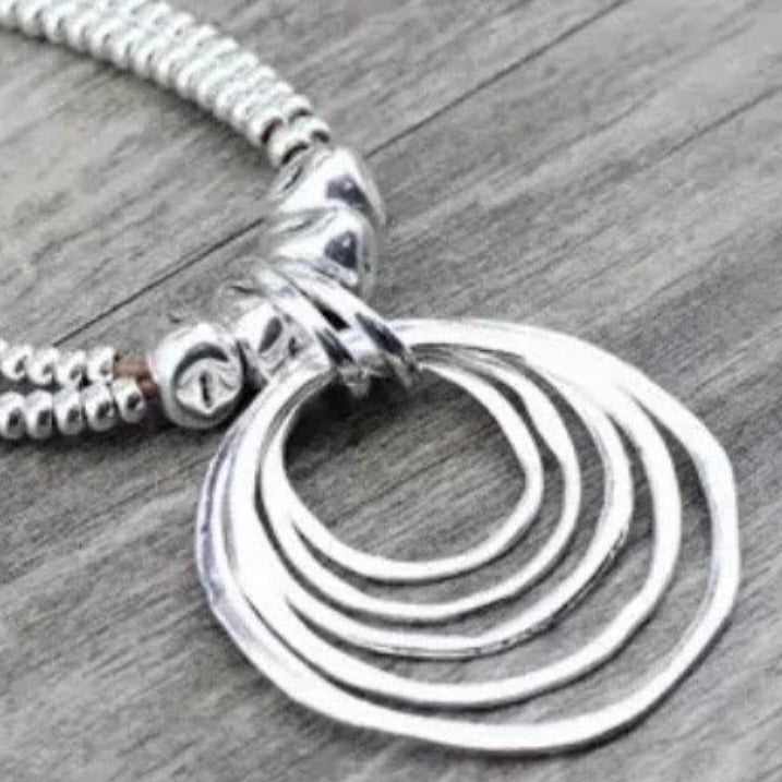 Silver Colour Multi Circular Pendant Leather Rope Necklace Choker