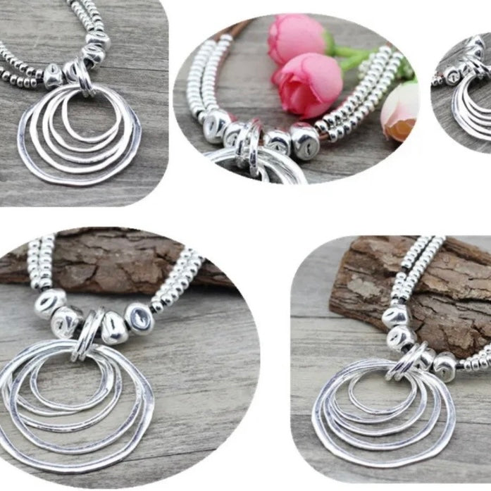 Silver Colour Multi Circular Pendant Leather Rope Necklace Choker