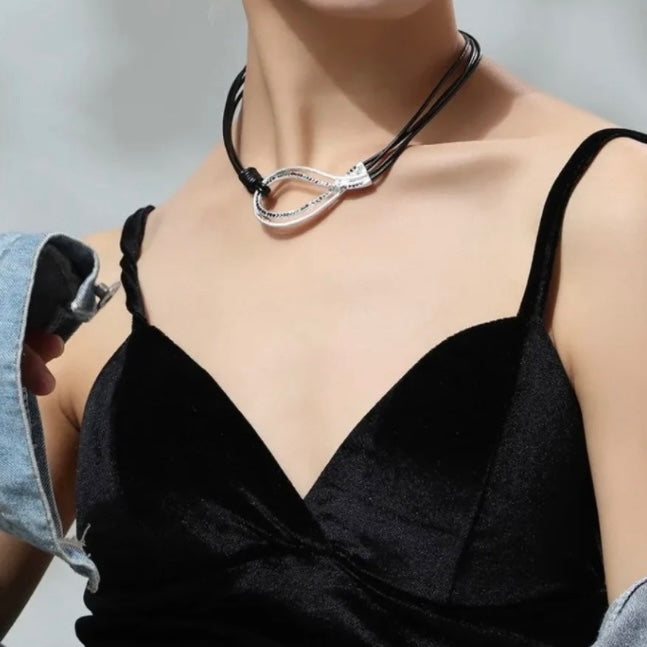 Silver Colour Goth Punk Pendant Choker Collar Black Rope Necklace