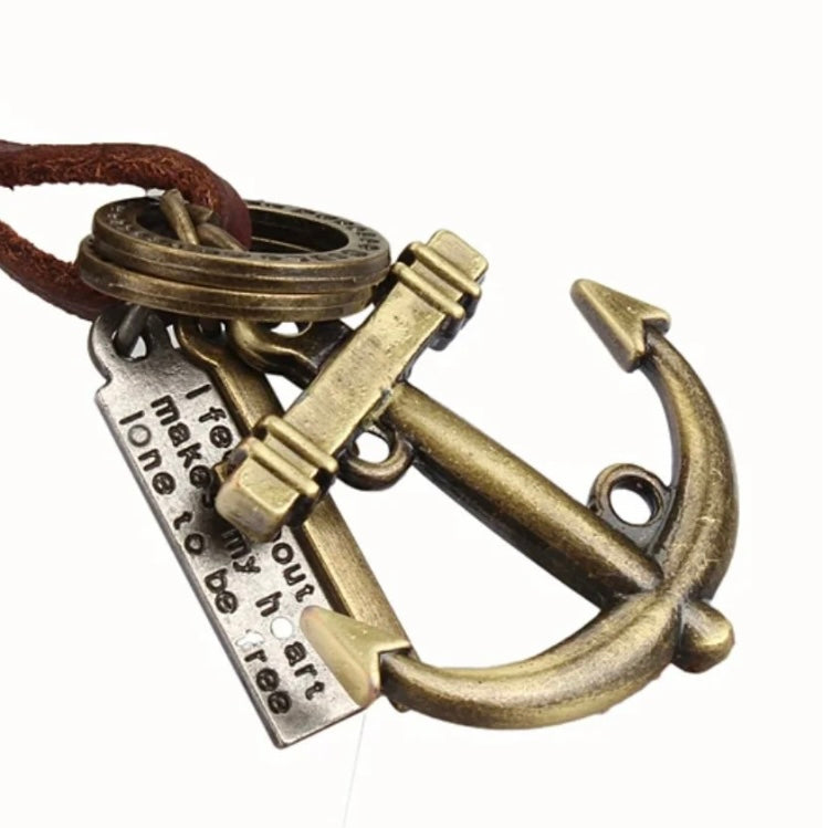 Anchor Sea Punk Rock Pendant with Brown Leather Adjustable Necklace