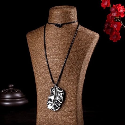 Big Leaf Vintage Pendant Statement Long Black Rope Necklace