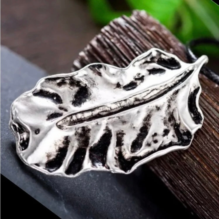 Big Leaf Vintage Pendant Statement Long Black Rope Necklace