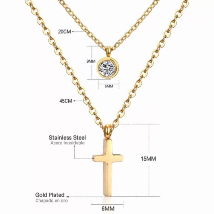 Double Chain Necklace with Cross & Crystal Charm Pendants