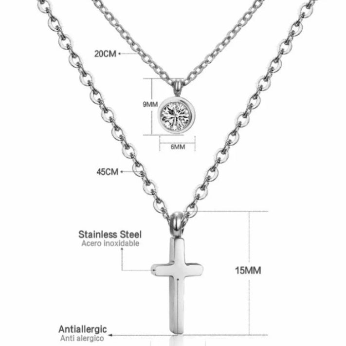 Double Chain Necklace with Cross & Crystal Charm Pendants