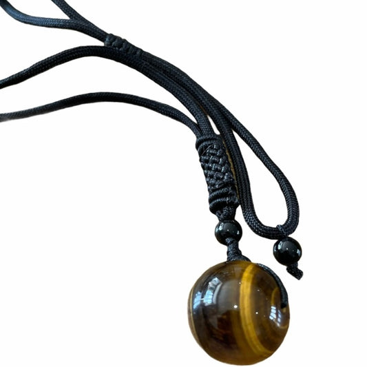 Tiger Eye Stone Pendant on a Black Rope Chain Necklace