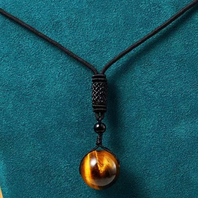 Tiger Eye Stone Pendant on a Black Rope Chain Necklace