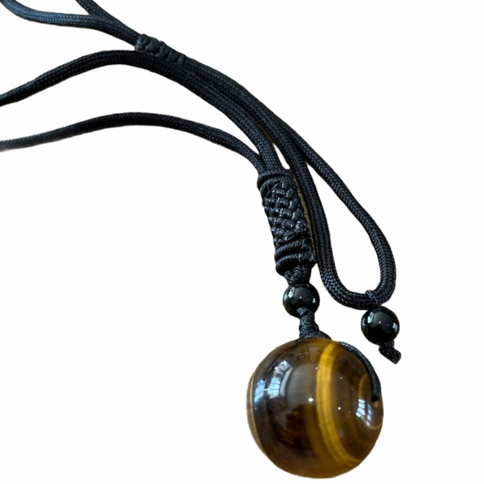 Tiger Eye Stone Pendant on a Black Rope Chain Necklace