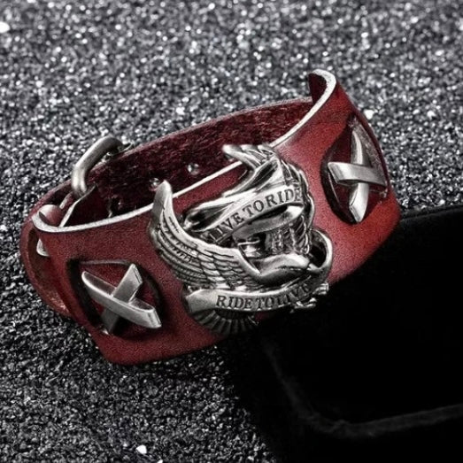 Leather Punk Ride to Live Bird Skull Retro Bracelet Wrap