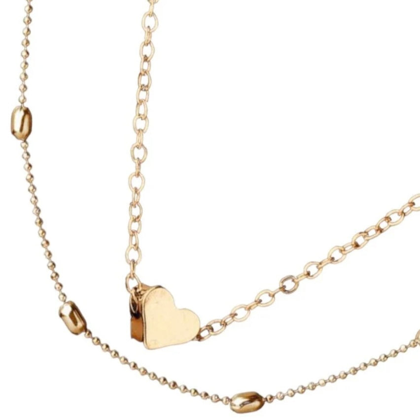 Heart Charm Pendant Statement Simplicity Double Layered Choker Chain Necklace Available in Gold or Silver Colour