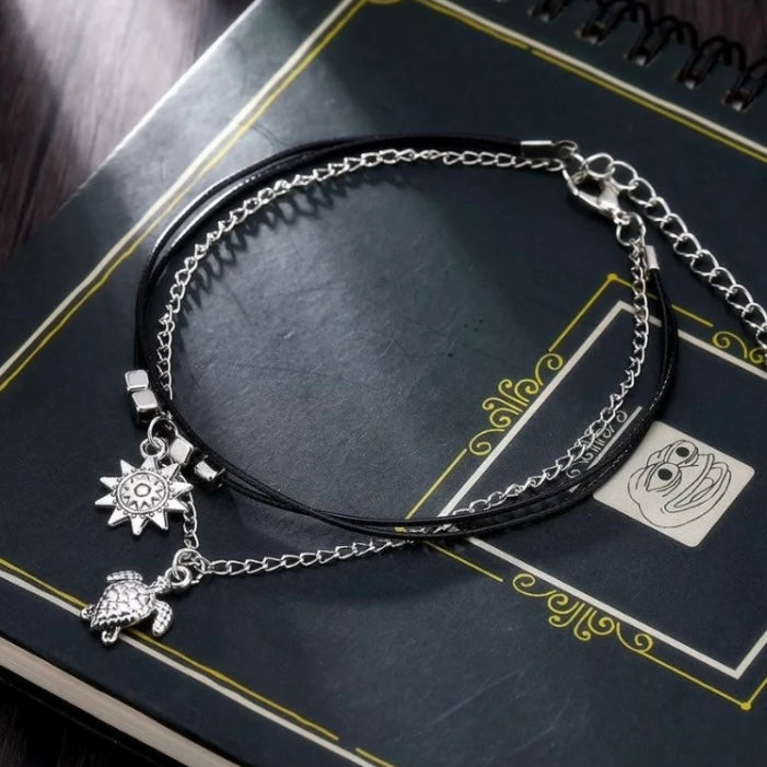 Multilayered Turtle & Sun Charm Anklet bracelet on Silver and Black Rope