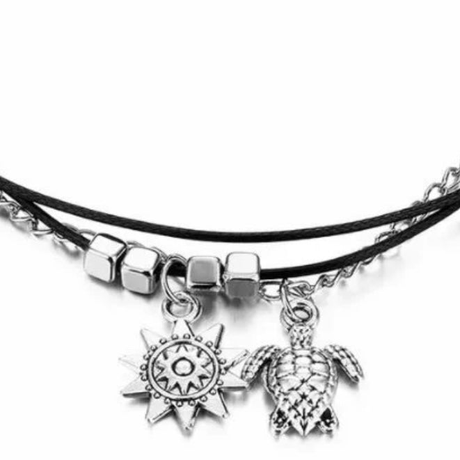 Multilayered Turtle & Sun Charm Anklet bracelet on Silver and Black Rope