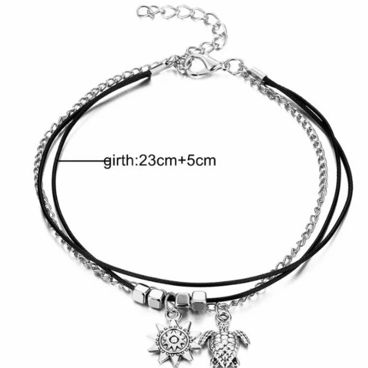 Multilayered Turtle & Sun Charm Anklet bracelet on Silver and Black Rope