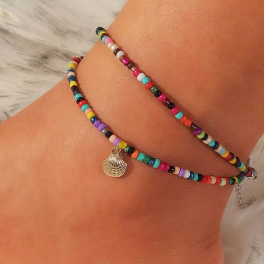 2pcs/Set Bohemian Multi Coloured Beaded Shell Charm Foot Leg Beach Anklet