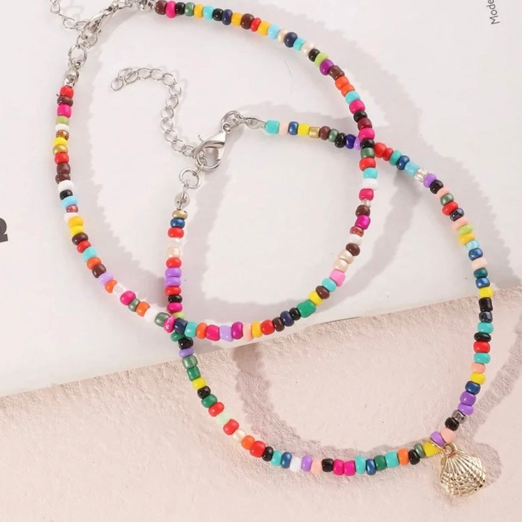 2pcs/Set Bohemian Multi Coloured Beaded Shell Charm Foot Leg Beach Anklet