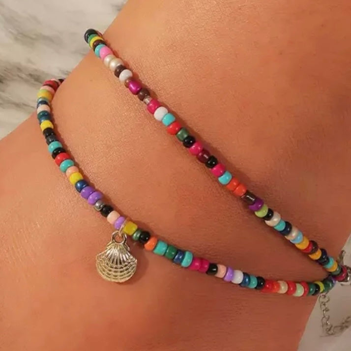 2pcs/Set Bohemian Multi Coloured Beaded Shell Charm Foot Leg Beach Anklet