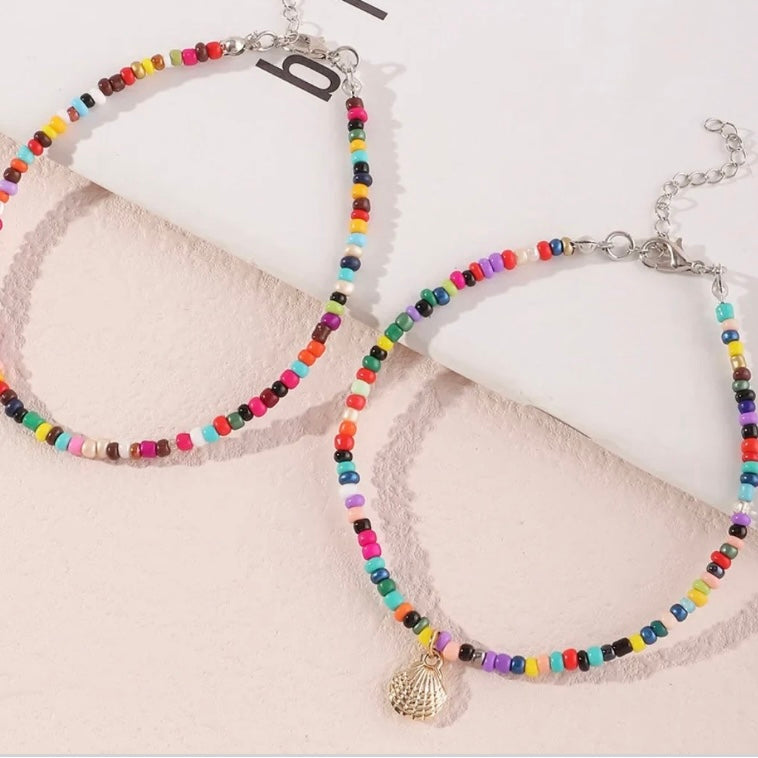 2pcs/Set Bohemian Multi Coloured Beaded Shell Charm Foot Leg Beach Anklet