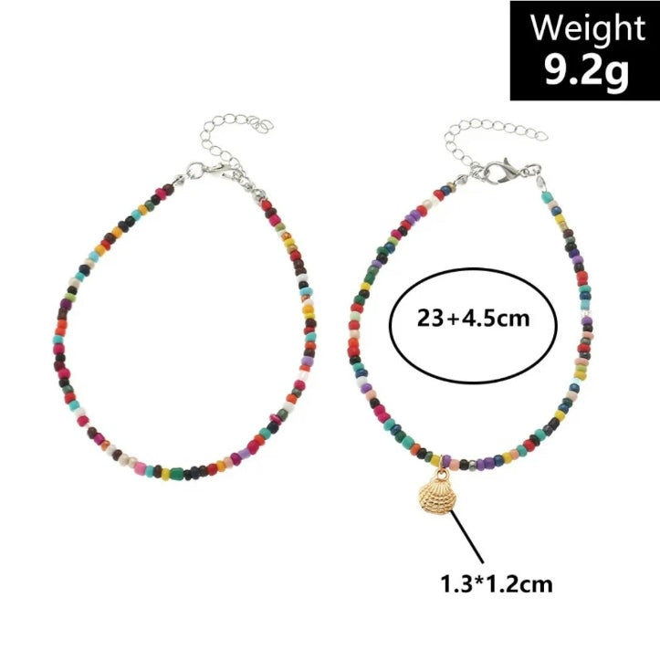 2pcs/Set Bohemian Multi Coloured Beaded Shell Charm Foot Leg Beach Anklet