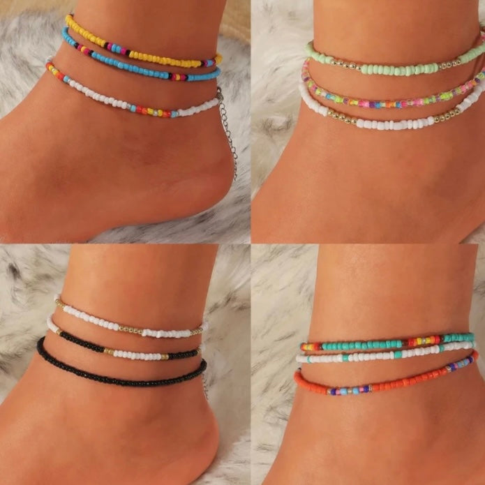 3pcs/Set Bohemian Colourful Beaded Foot Leg Beach Anklet