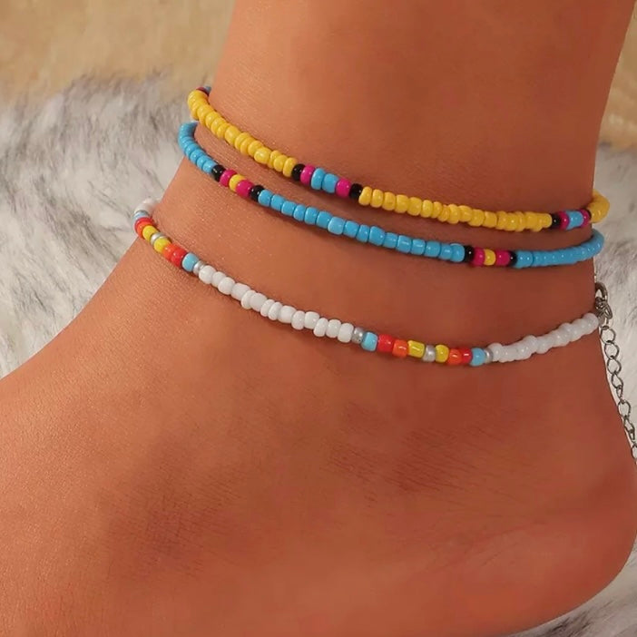 3pcs/Set Bohemian Colourful Beaded Foot Leg Beach Anklet