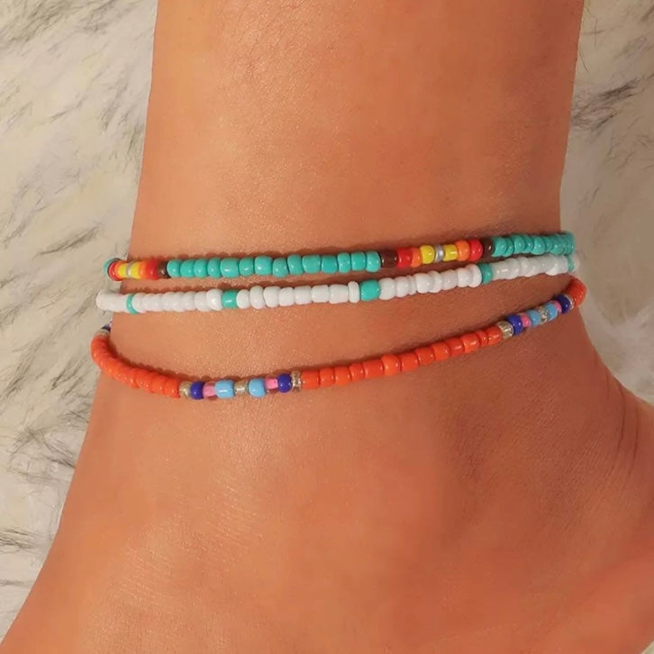 3pcs/Set Bohemian Colourful Beaded Foot Leg Beach Anklet