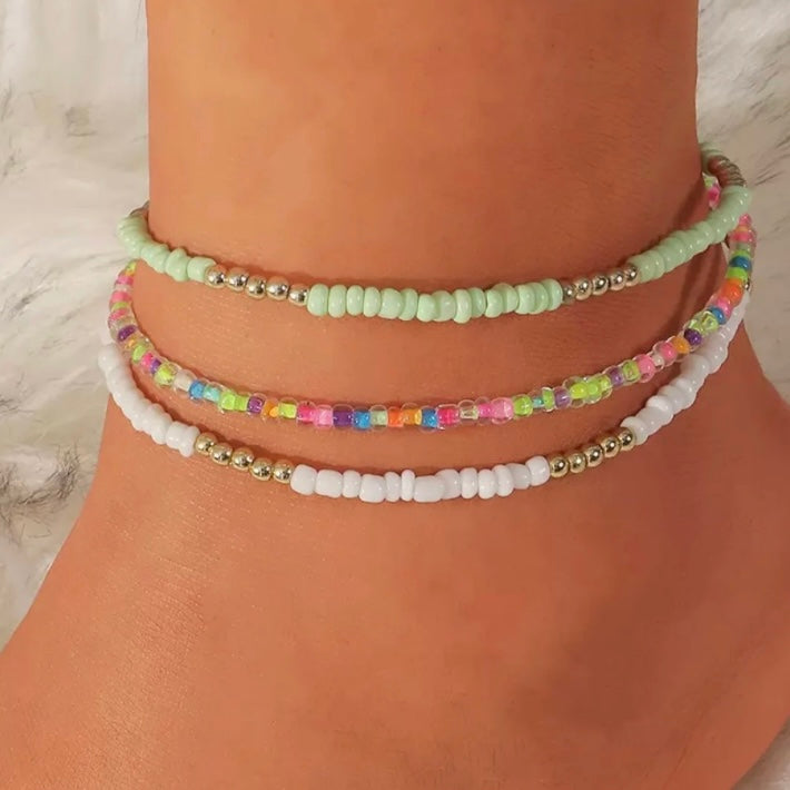 3pcs/Set Bohemian Colourful Beaded Foot Leg Beach Anklet