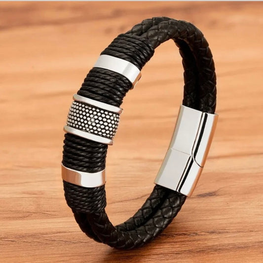 Woven Black Leather Rope Stainless Steel Wrap Bracelet Wristband