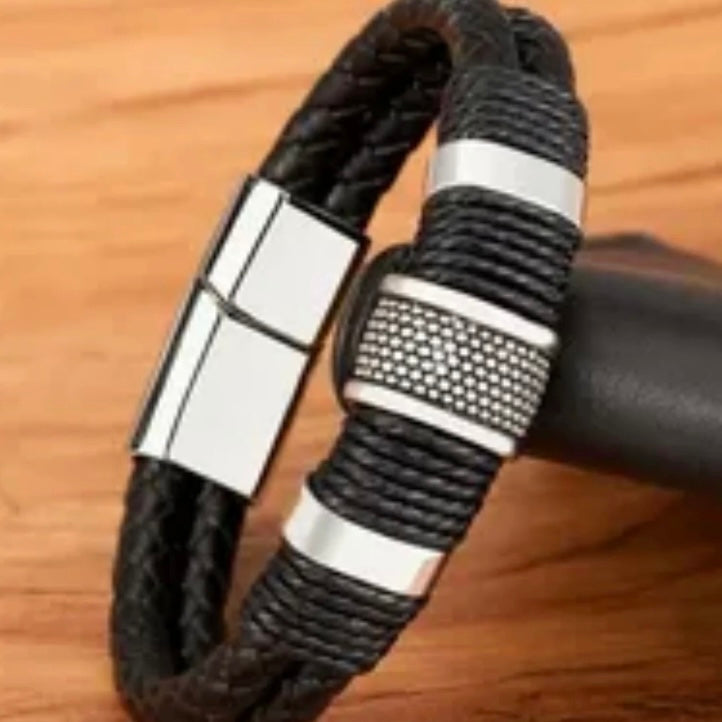 Woven Black Leather Rope Stainless Steel Wrap Bracelet Wristband