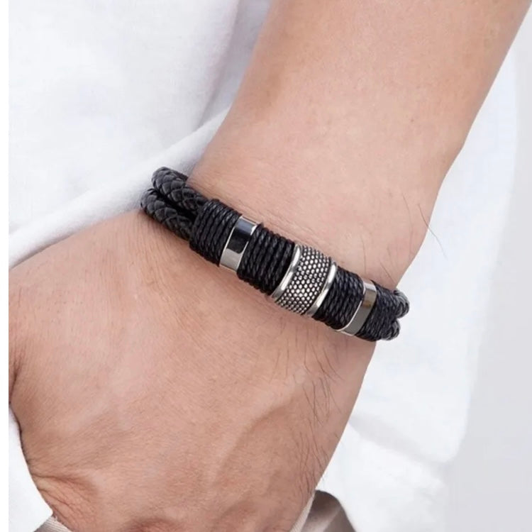 Woven Black Leather Rope Stainless Steel Wrap Bracelet Wristband