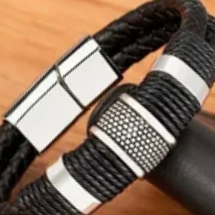 Woven Black Leather Rope Stainless Steel Wrap Bracelet Wristband