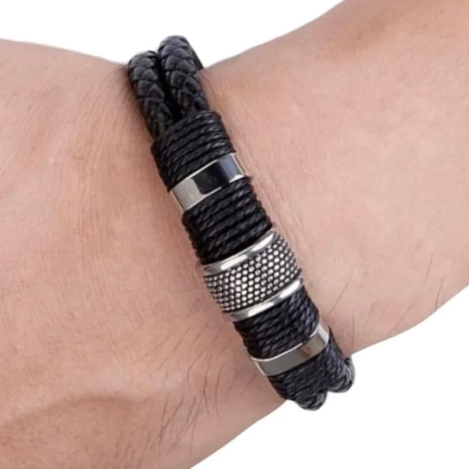 Woven Black Leather Rope Stainless Steel Wrap Bracelet Wristband