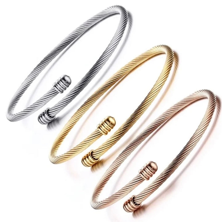 Twist Cable Open Stainless Steel Bracelet Available in Silver Gold Rose Gold Colours