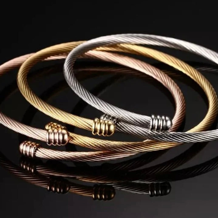 Twist Cable Open Stainless Steel Bracelet Available in Silver Gold Rose Gold Colours