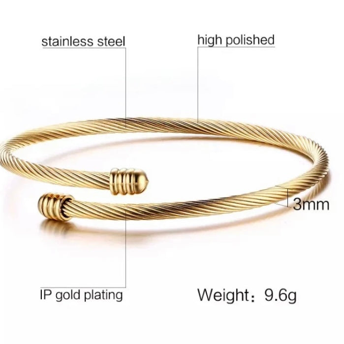 Twist Cable Open Stainless Steel Bracelet Available in Silver Gold Rose Gold Colours