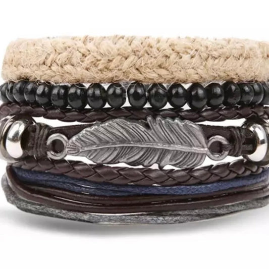 Multi-Layered Black Brown Leather Beaded Cuff Bracelet with Feather Charm