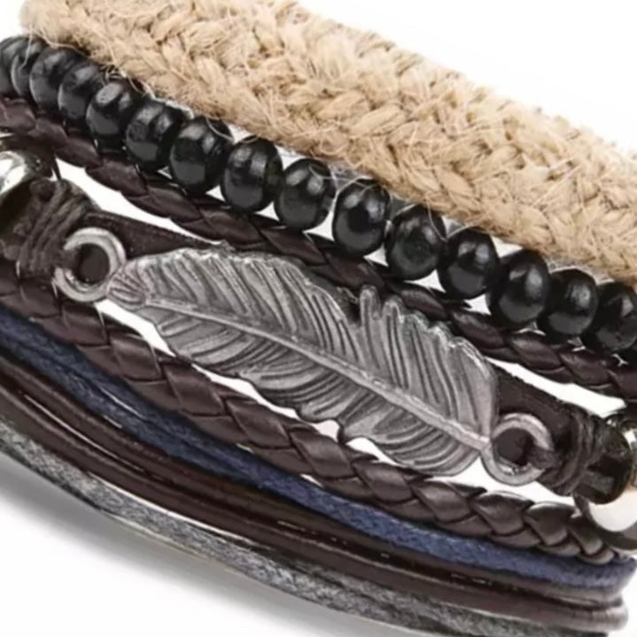 Multi-Layered Black Brown Leather Beaded Cuff Bracelet with Feather Charm