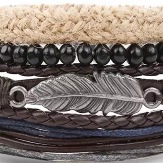 Multi-Layered Black Brown Leather Beaded Cuff Bracelet with Feather Charm