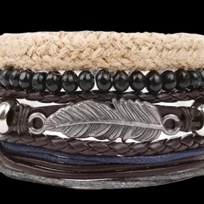 Multi-Layered Black Brown Leather Beaded Cuff Bracelet with Feather Charm