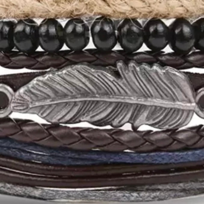 Multi-Layered Black Brown Leather Beaded Cuff Bracelet with Feather Charm