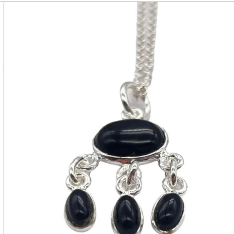 Dainty 925 Sterling Silver Triple Drop Necklace with stunning Black Onyx Gemstones