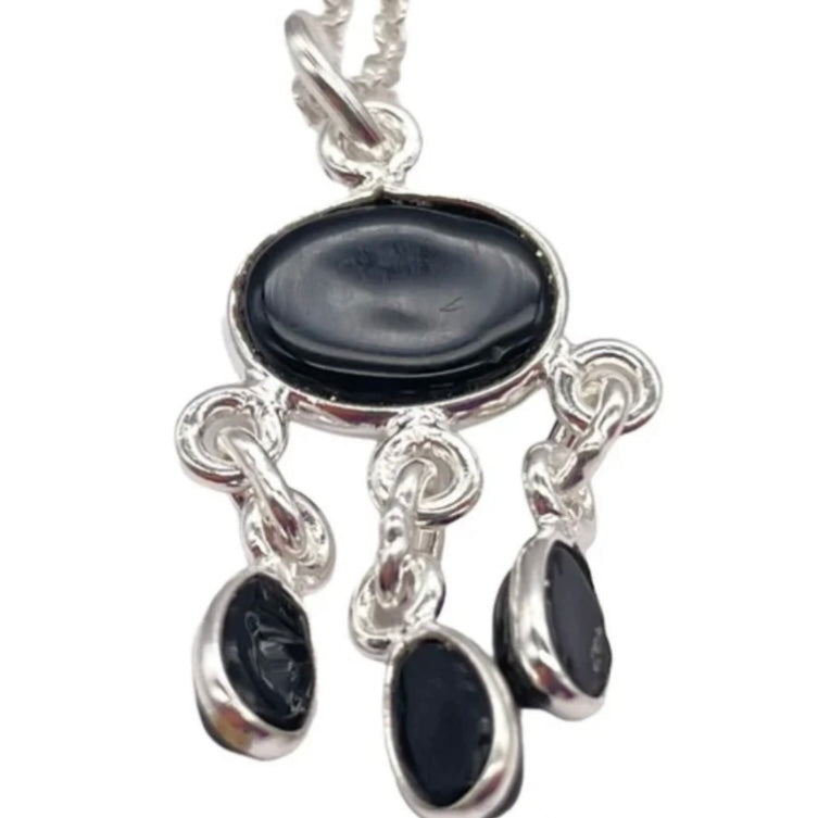 Dainty 925 Sterling Silver Triple Drop Necklace with stunning Black Onyx Gemstones