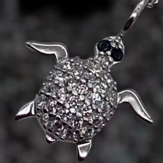 Sterling Silver Clear &amp; Jet Cubic Zirconia Turtle Pendant Necklace