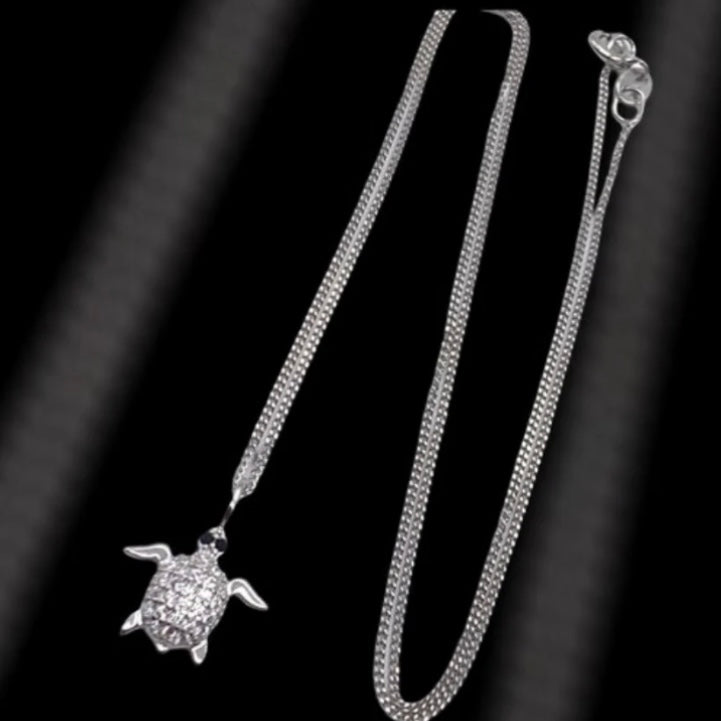 Sterling Silver Clear &amp; Jet Cubic Zirconia Turtle Pendant Necklace