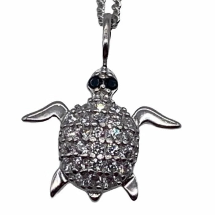 Sterling Silver Clear &amp; Jet Cubic Zirconia Turtle Pendant Necklace