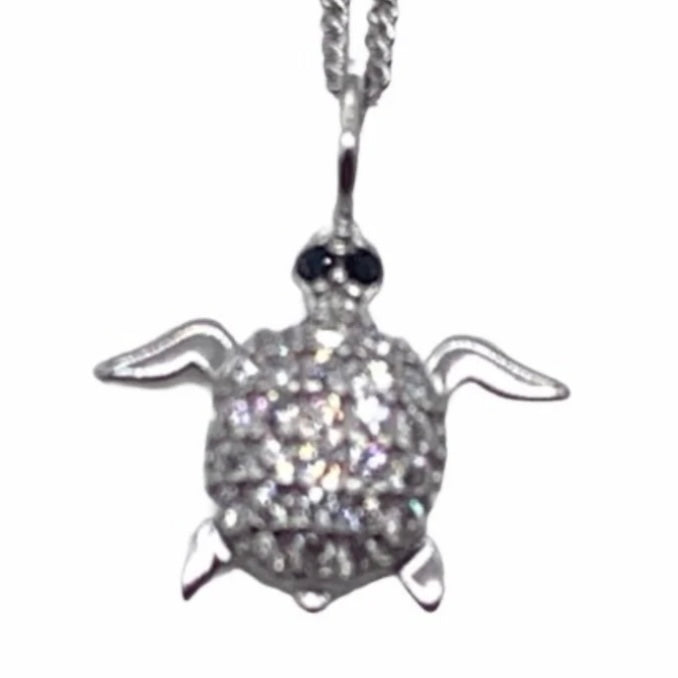 Sterling Silver Clear &amp; Jet Cubic Zirconia Turtle Pendant Necklace