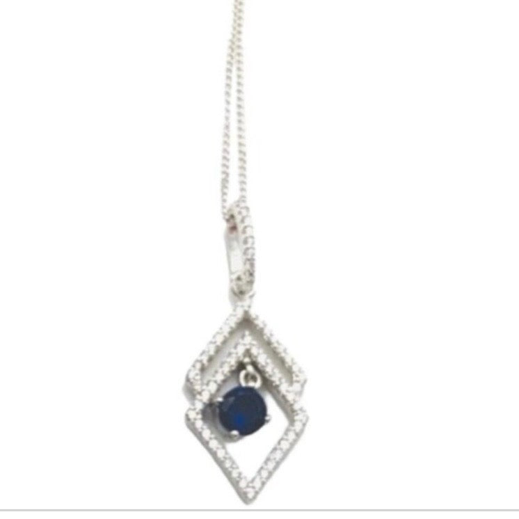 Sterling Silver Clear and Sapphire Cubic Zirconia Stones Pendant Necklace