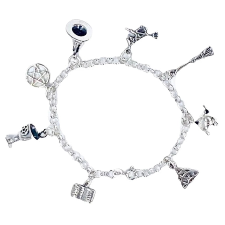 925 Sterling Silver Pagan and Wiccan Charm Bracelet with 8 individual 925 Sterling Silver 3D Charms