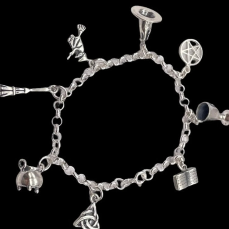 925 Sterling Silver Pagan and Wiccan Charm Bracelet with 8 individual 925 Sterling Silver 3D Charms